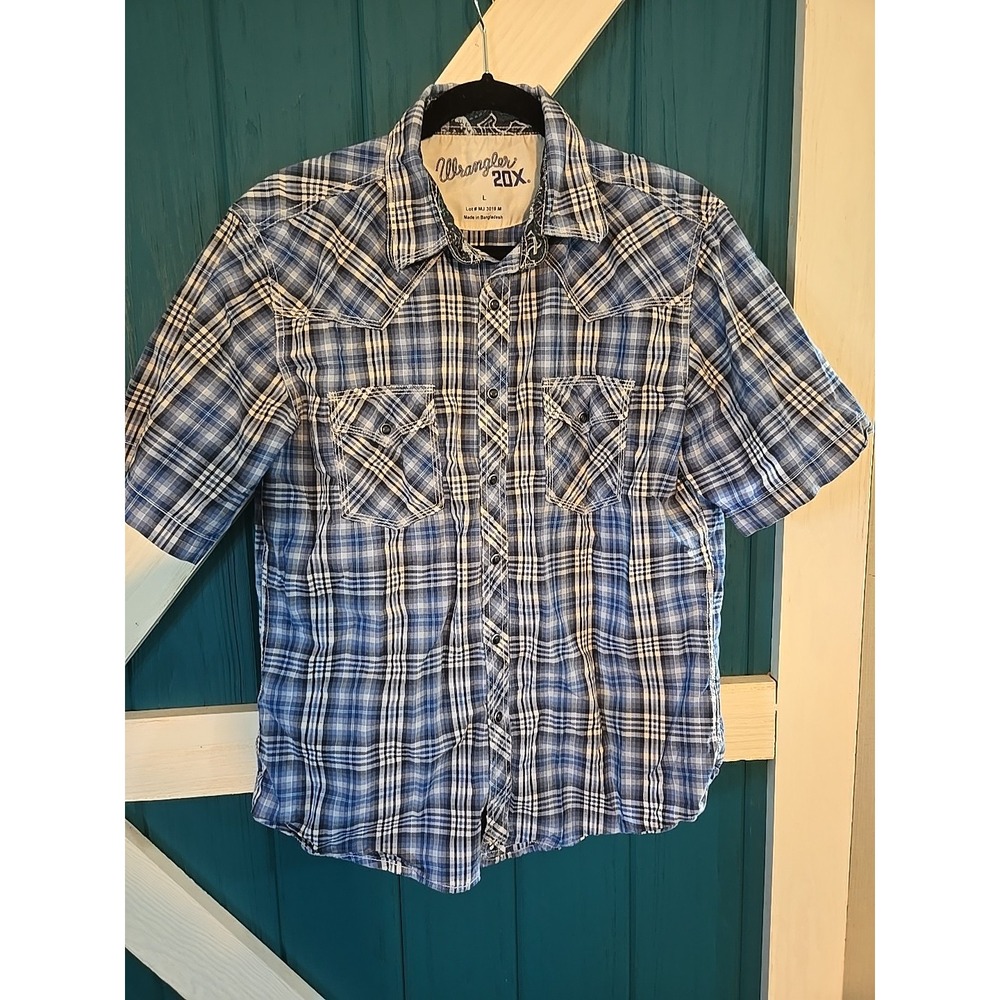 Wrangler 20X Western Cowboy Shirt Large Men Pearl Snap Short Sleeve Blue Plaid